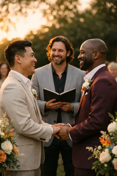 Two grooms exchanging vows with their officiant