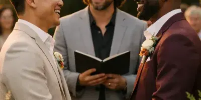 Two grooms exchanging vows with their officiant