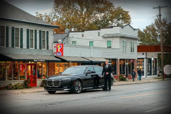 A professional chauffeur in a dark suit stands beside a black luxury sedan parked on a street in front of storefronts.