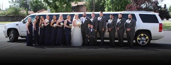 A wedding party including the bride, groom, and attendants posing in front of a white limousine.