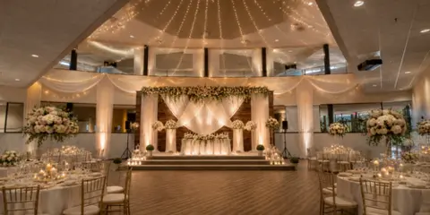A spacious wedding reception hall with high ceilings, a decorated stage, and round tables set for a celebration.
