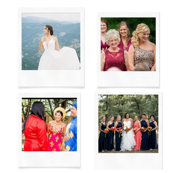 A collage of four wedding photographs showing a bride in a mountain setting, a group of women, a couple in traditional attire, and a bridal party.