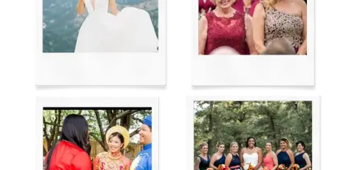 A collage of four wedding photographs showing a bride in a mountain setting, a group of women, a couple in traditional attire, and a bridal party.