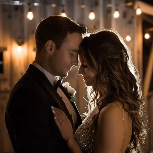 A bride and groom in formal wedding attire standing close together in a dimly lit venue with string lights.