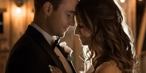 A bride and groom in formal wedding attire standing close together in a dimly lit venue with string lights.