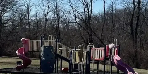 A colorful playground structure with slides and climbing equipment located in a grassy park area with trees in the background.