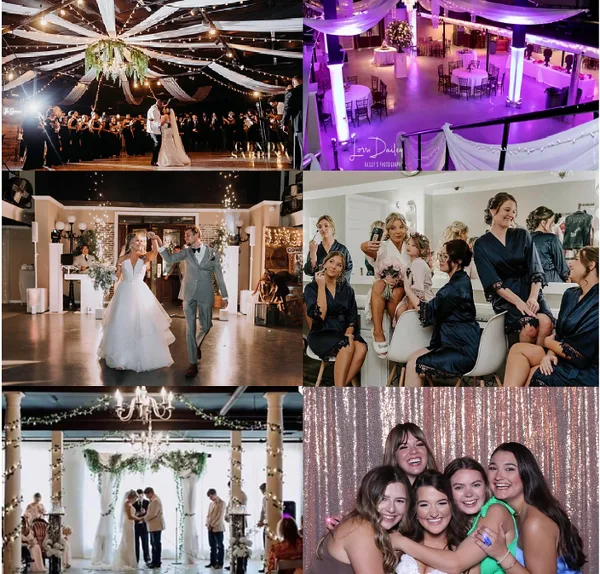 Collage of wedding and event scenes including a decorated dance floor, reception room, bride and groom, bridal party in robes, and a ceremony setup.