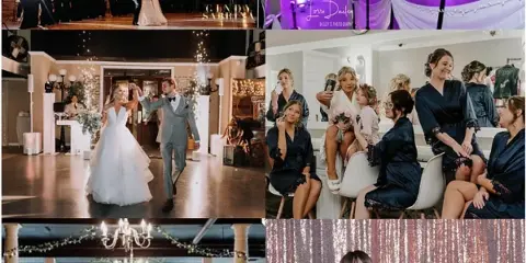 Collage of wedding and event scenes including a decorated dance floor, reception room, bride and groom, bridal party in robes, and a ceremony setup.
