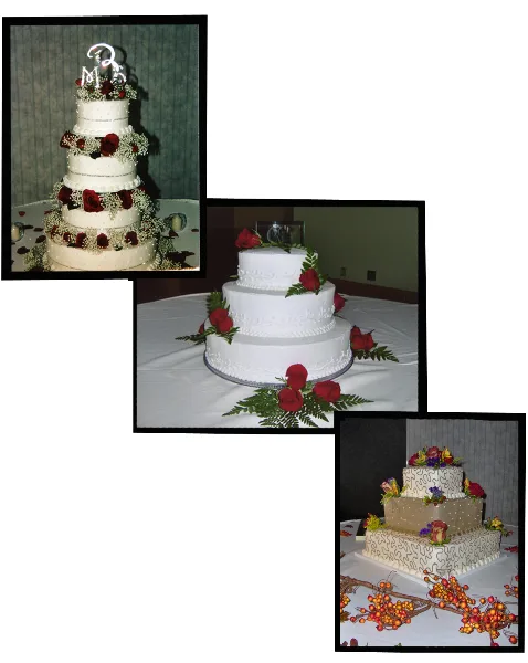 A collage of three different multi-tiered wedding cakes decorated with red roses, greenery, and floral arrangements.