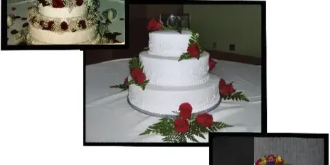 A collage of three different multi-tiered wedding cakes decorated with red roses, greenery, and floral arrangements.