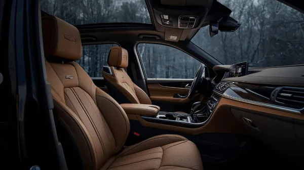 Interior view of a luxury SUV with tan leather seats and a modern dashboard.
