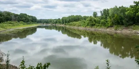 A calm, tree-lined river reflecting the cloudy sky, viewed from the shoreline.