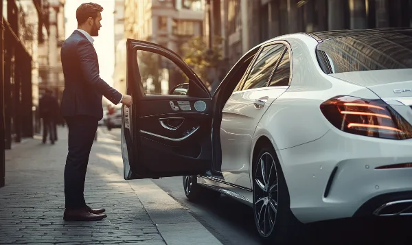 A professional driver in a suit opening the rear door of a white luxury sedan on a city street.