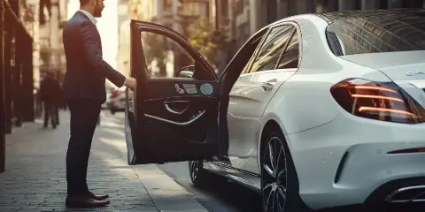 A professional driver in a suit opening the rear door of a white luxury sedan on a city street.