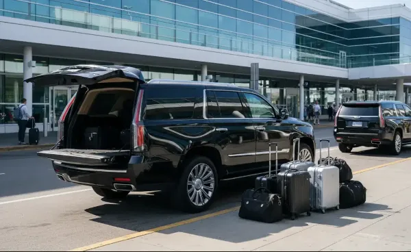 Black luxury SUV with open trunk and luggage at an airport terminal