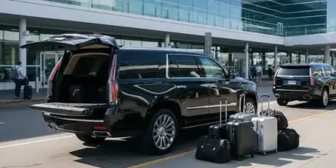 Black luxury SUV with open trunk and luggage at an airport terminal