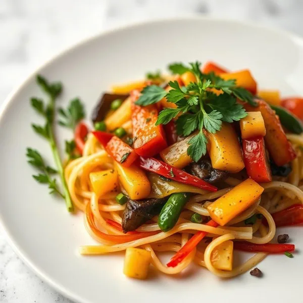 A plate of pasta topped with sautéed vegetables and fresh herbs.