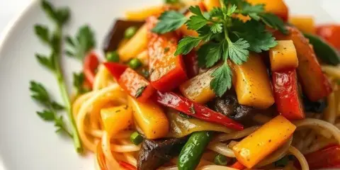 A plate of pasta topped with sautéed vegetables and fresh herbs.