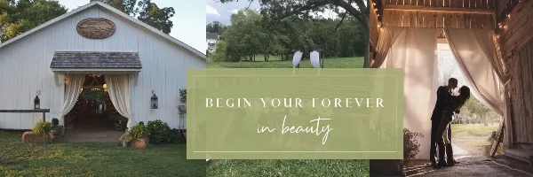 Collage of a white barn wedding venue exterior, outdoor ceremony setup, and a couple under a draped canopy.