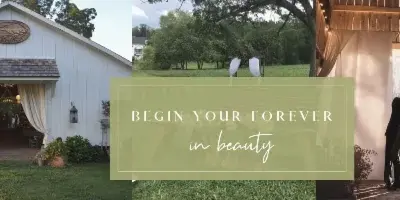 Collage of a white barn wedding venue exterior, outdoor ceremony setup, and a couple under a draped canopy.
