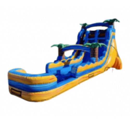 A blue and yellow inflatable water slide with palm tree decorations.
