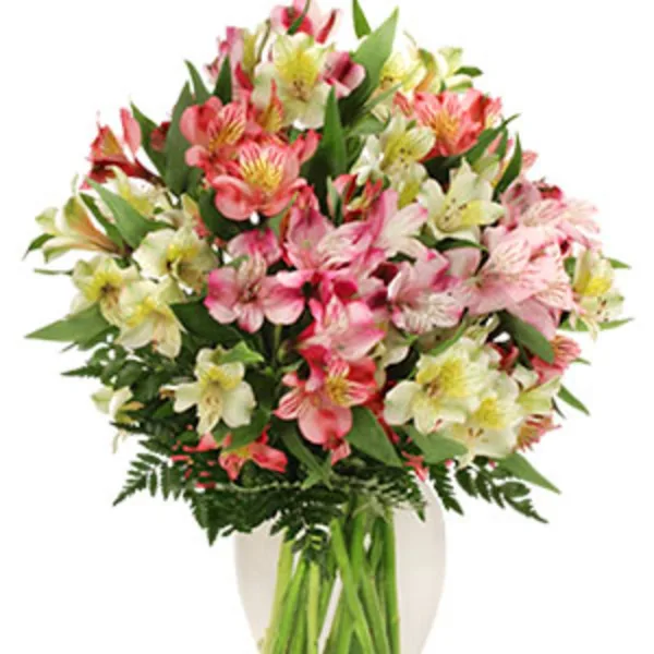 A bouquet of pink and white alstroemeria flowers arranged in a clear glass vase.
