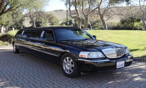 A black stretch limousine parked on a paved driveway with a grassy hill and trees in the background.