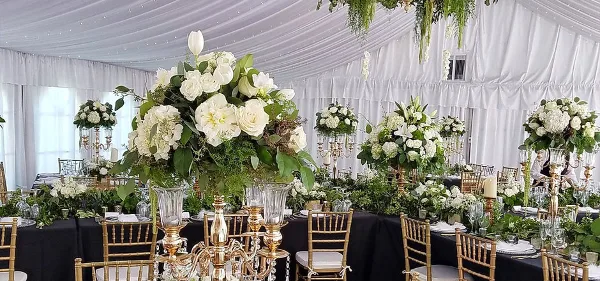 A wedding reception table decorated with large white and green floral arrangements, gold candelabras, and Chiavari chairs inside a white tent.