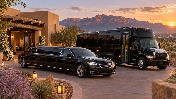 A black stretch limousine and a black coach bus parked outside a venue with wedding flowers and a mountain backdrop.