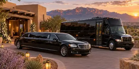 A black stretch limousine and a black coach bus parked outside a venue with wedding flowers and a mountain backdrop.