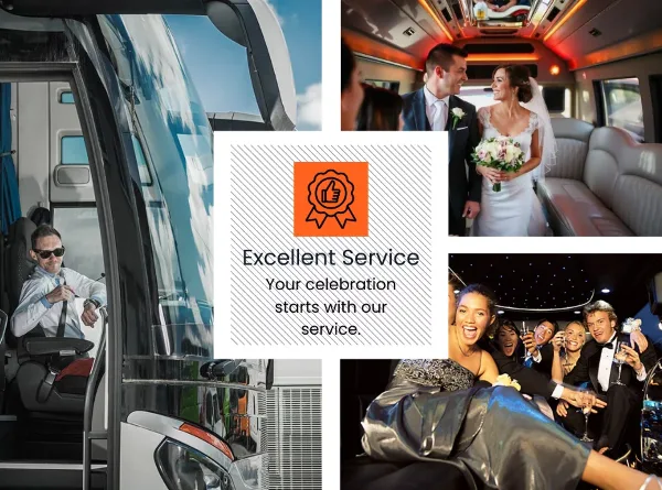 A collage showing a party bus exterior, a driver, and a bride and groom inside a luxury vehicle.