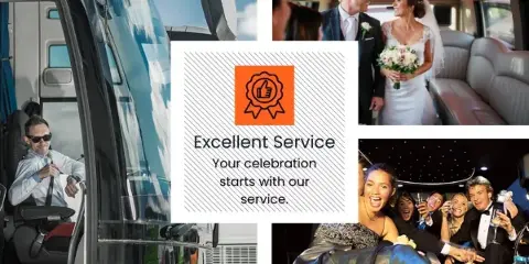 A collage showing a party bus exterior, a driver, and a bride and groom inside a luxury vehicle.