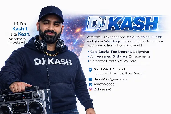 A professional DJ wearing a 'DJ KASH' hoodie and headphones standing next to a boombox.