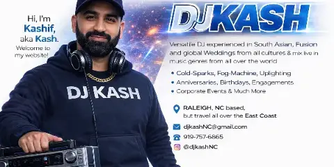 A professional DJ wearing a 'DJ KASH' hoodie and headphones standing next to a boombox.