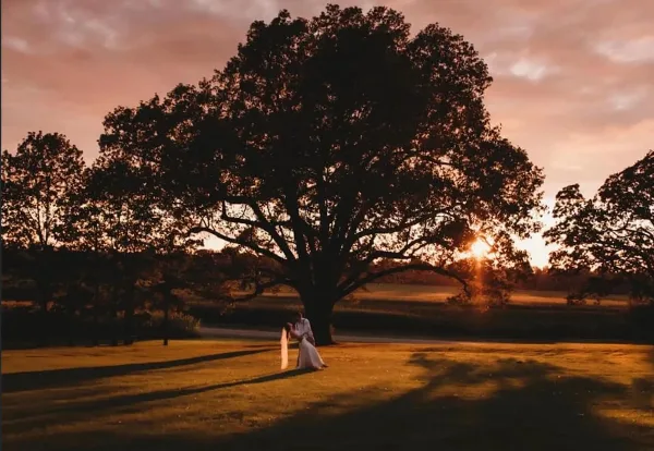 A bride and groom standing together under a large tree in a grassy field at sunset.