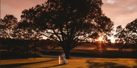 A bride and groom standing together under a large tree in a grassy field at sunset.