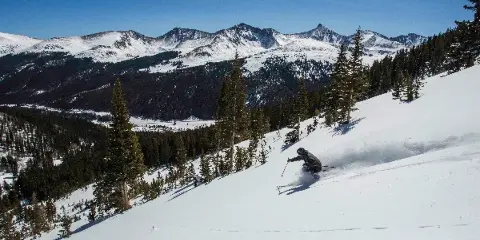 A skier carving a turn on a snowy mountain slope with a backdrop of rugged peaks and evergreen trees.