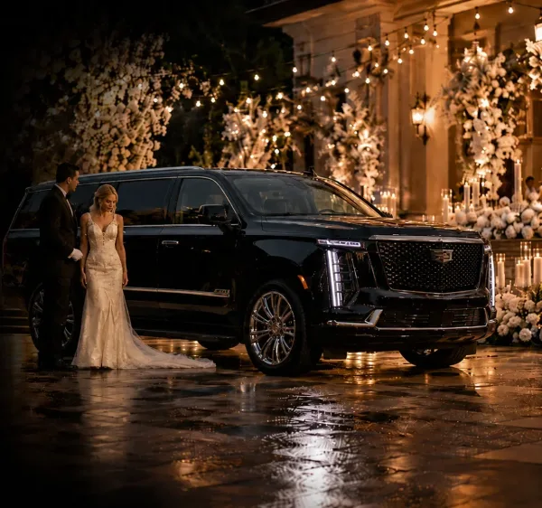 A bride and groom standing next to a black luxury SUV at a wedding venue at night.