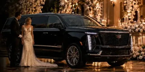 A bride and groom standing next to a black luxury SUV at a wedding venue at night.