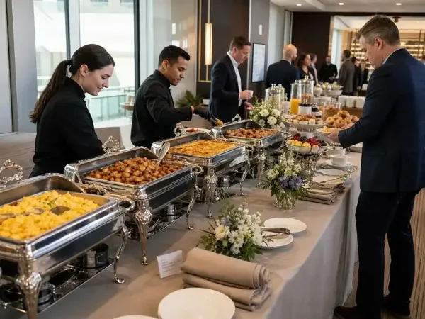 A staffed breakfast buffet with silver chafing dishes and floral centerpieces in a modern venue.