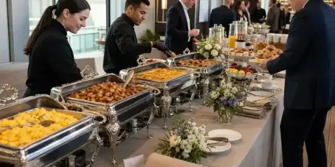 A staffed breakfast buffet with silver chafing dishes and floral centerpieces in a modern venue.