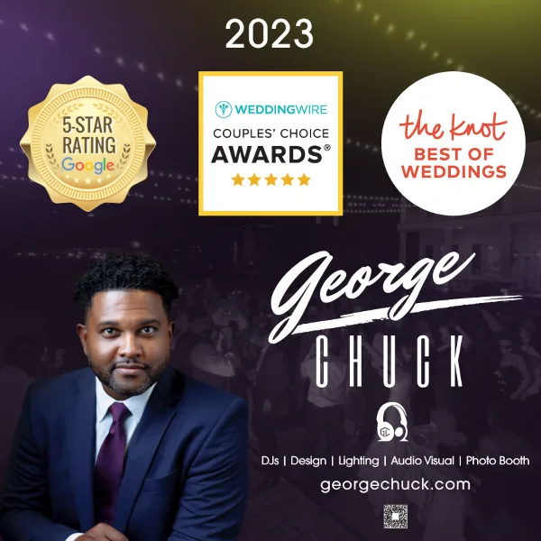 Portrait of DJ George Chuck in a suit with a wedding dance floor background and business branding.