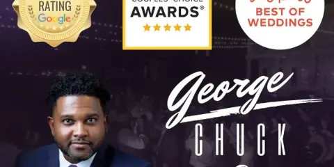 Portrait of DJ George Chuck in a suit with a wedding dance floor background and business branding.
