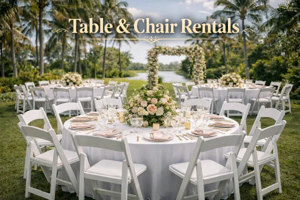 An outdoor wedding reception setup featuring white round tables with tablecloths, white folding chairs, and floral centerpieces on a lawn.