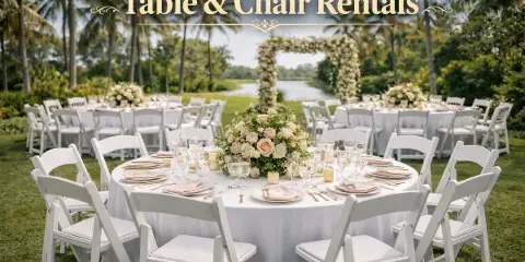 An outdoor wedding reception setup featuring white round tables with tablecloths, white folding chairs, and floral centerpieces on a lawn.