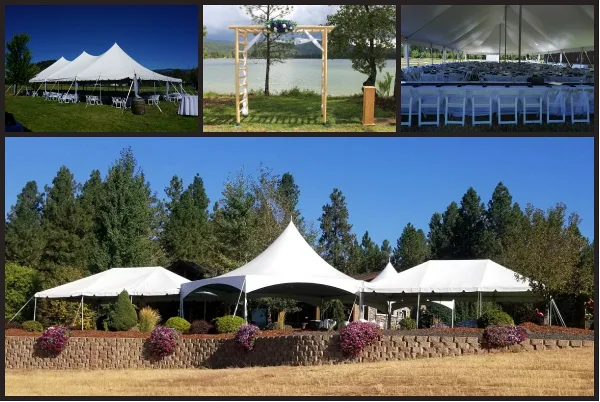 A collage of wedding event rentals showing white tents, a wooden arch, and rows of chairs with linens.