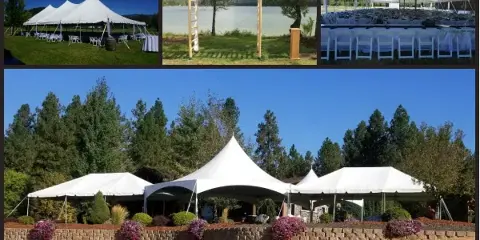 A collage of wedding event rentals showing white tents, a wooden arch, and rows of chairs with linens.