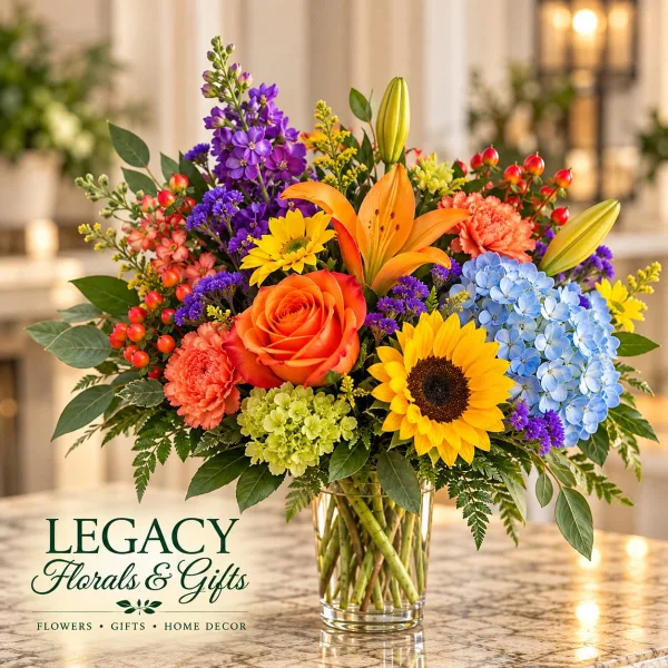 A colorful mixed bouquet featuring roses, sunflowers, and hydrangeas in a clear glass vase.