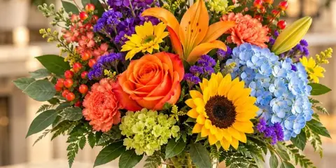 A colorful mixed bouquet featuring roses, sunflowers, and hydrangeas in a clear glass vase.