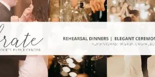 A promotional banner for a wedding venue featuring a collage of wedding photos, including a couple, champagne, and floral centerpieces, with text reading 'Celebrate at the Live at Five Points Event Center'.